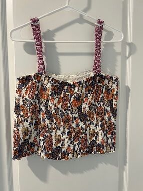 Anthropologie White Floral Smocked Crop Top with Pink Straps